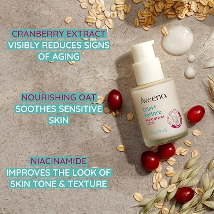 Aveeno سيروم الوجه المضاد للتجاعيد من أفينو كالم + رستور، سيروم مضاد للشيخوخة مع مستخلص الشوفان والتوت البري المغذي يحسن بشكل ملحوظ مظهر الخطوط الدقيقة، خالي من العطور، 1.0 أونصة سائلة - Image 4