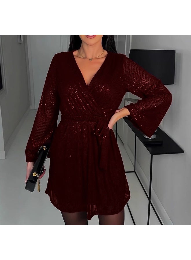 NIBEMINENT Women V-Neck Beaded Women's Dress Sequins Long Sleeve Dress Nightclub Party  Evening Dress - Image 1