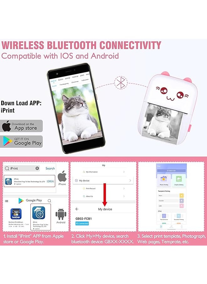 DMG TECH - Portable Bluetooth Thermal Printer With 5 Rolls Printing Paper For Ios Android Smartphone Pink - Image 1