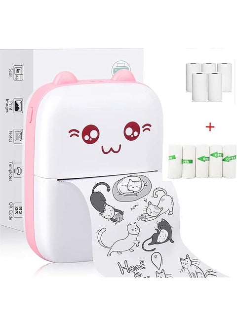 Portable Bluetooth Thermal Printer With 5 Rolls Printing Paper For Ios Android Smartphone Pink