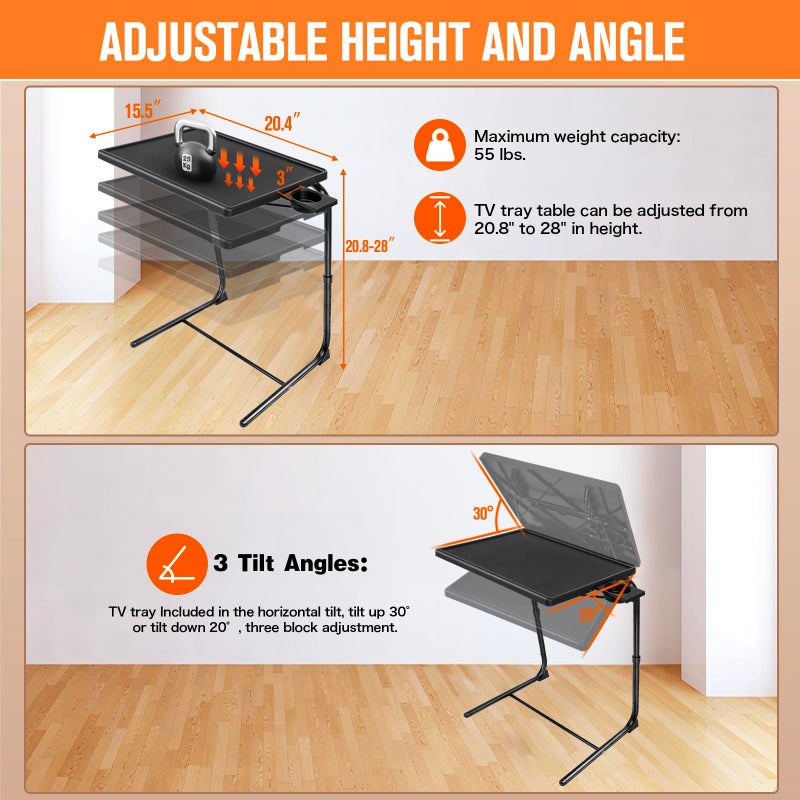 CMOOD TV Tray Table, TV Dinner Table with 3 Tilt Angles and 6 Height Adjustments, Folding Adjustable Tray Tables with Cup Holder for Eating on Couch, Bed & Sofa, Set of 2 - Image 2