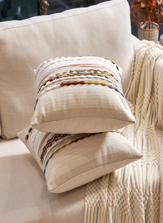Aeckself Boho Throw Pillow Covers 18x18 Inch Set of 2, Farmhouse Decorative Striped Square Pillow Covers Chenille Tufted Pillow Cases Accent Neutral Pillowcase for Living Room Couch Bed, Orange White - Image 3