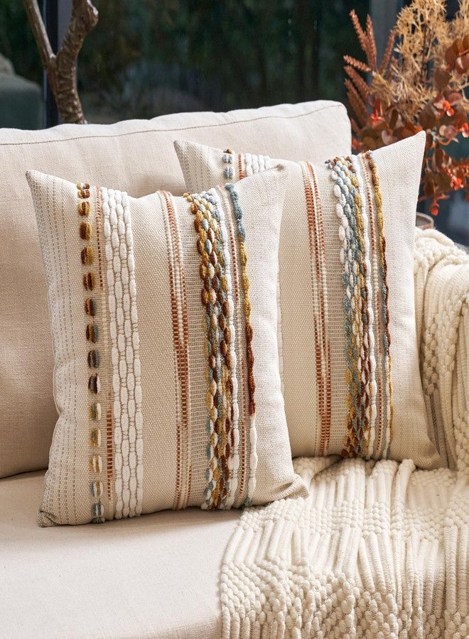 Aeckself Boho Throw Pillow Covers 18x18 Inch Set of 2, Farmhouse Decorative Striped Square Pillow Covers Chenille Tufted Pillow Cases Accent Neutral Pillowcase for Living Room Couch Bed, Orange White - Image 1