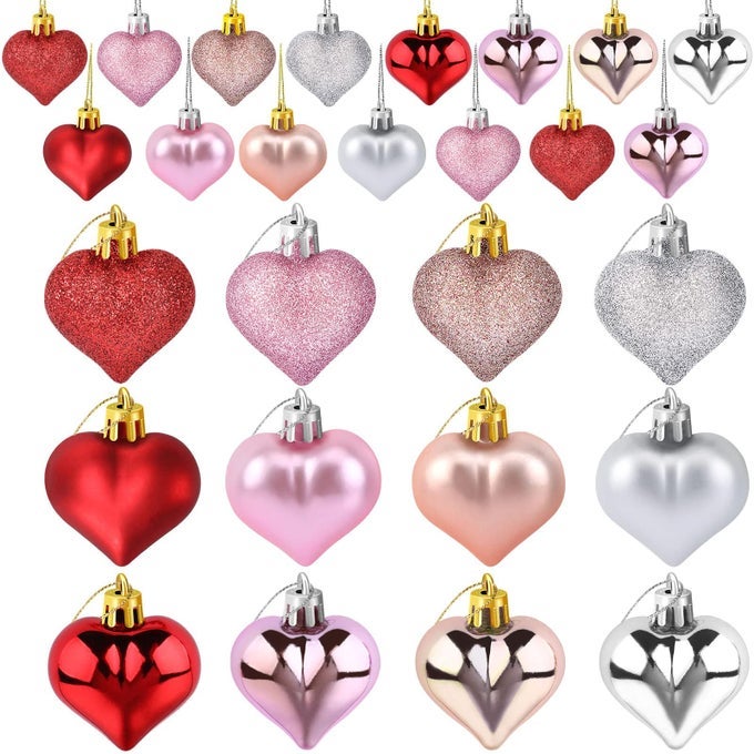 36PCS HEART ORNAMENTS MOTHERS DAY MULTI FINISH HEART BAUBLES ROMANTIC VALENTINES HEART HANGING ORNAMENTS DECORATIONS FOR HOME PARTY WEDDING ANNIVERSARY PARTY DECOR