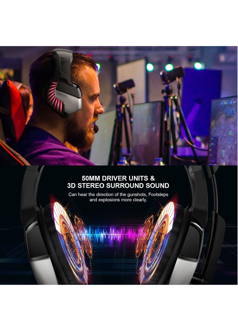 onikuma - Bass Stereo Wired Gaming Headphone with Microphone & LED Light for PlayStation Smartphone Tablet PC Computer Laptop - Image 1