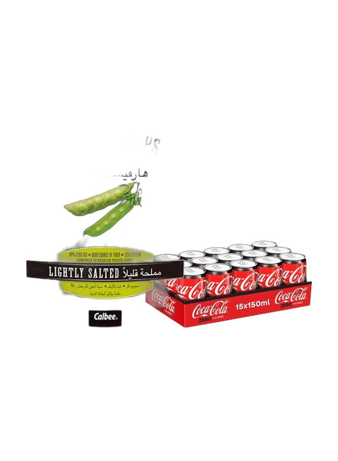 noon Calbee Harvest Snaps Lightly Salted Green Pea 93grams + Coca Cola Zero Can 15 x 150ml - Image 1