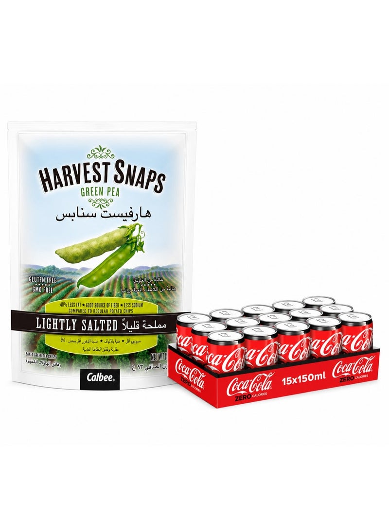 noon Calbee Harvest Snaps Lightly Salted Green Pea 93grams + Coca Cola Zero Can 15 x 150ml - Image 1