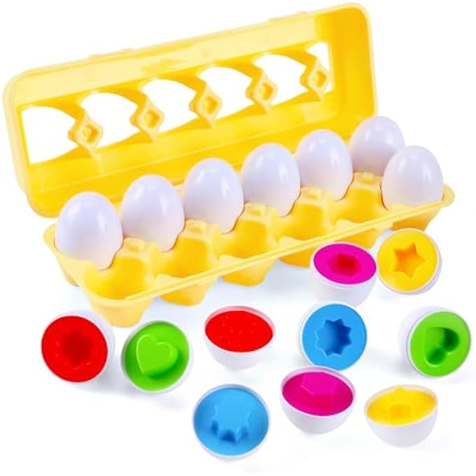 MATCHING EGGS - TODDLER TOYS - EDUCATIONAL COLOR & RECOGNITION SKILLS STUDY TOYS, FOR LEARN COLOR & SHAPE MATCH EGG SET, FOR AGE 2 YEARS OLD AND 2 YEARS UP KID BABY TODDLER BOY GIRL. (12 EGGS) - Image 1