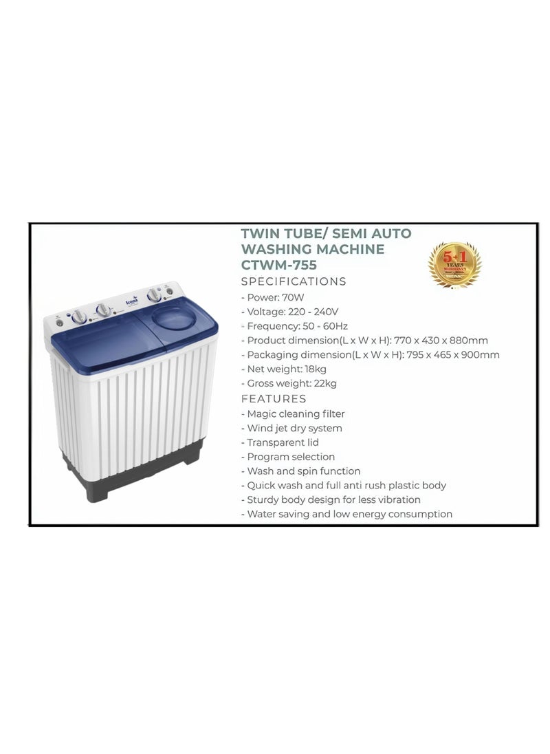 ICONA - Icona 7 Kg Semi-Automatic Washing Machine – Twin Tub, Energy Efficient, Low Noise, Gentle Fabric Care, Durable Design – Model ILSWM-70HTT - Image 1