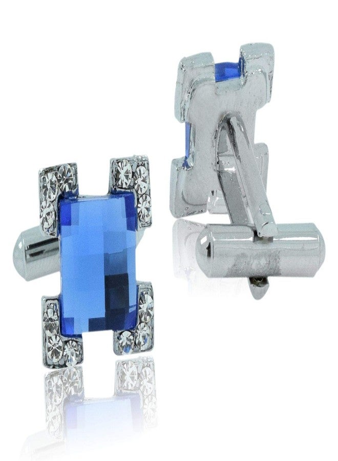 Zivom® Square Faceted Blue Stone American Diamond CZ Rhodium Office Formal Shirt Blazer Cufflink Pair Men Gift Box - Image 3