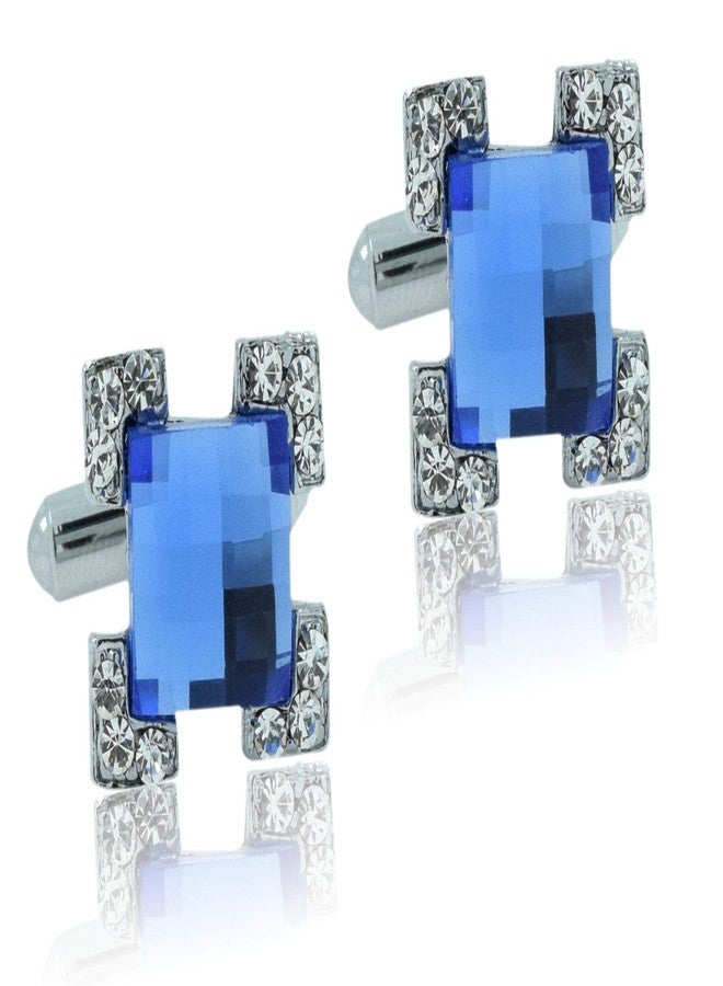 Zivom® Square Faceted Blue Stone American Diamond CZ Rhodium Office Formal Shirt Blazer Cufflink Pair Men Gift Box - Image 1