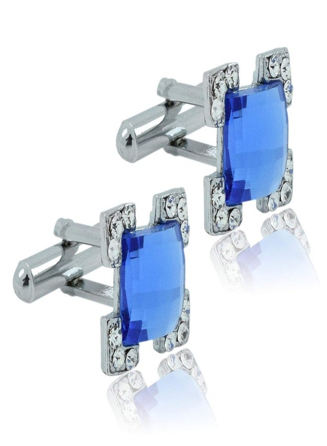 Zivom® Square Faceted Blue Stone American Diamond CZ Rhodium Office Formal Shirt Blazer Cufflink Pair Men Gift Box - Image 2