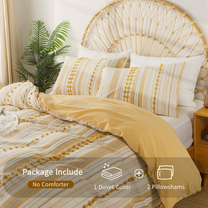 La Sheer Washed Cotton Queen Size Duvet Cover Set - Tufted Dots Boho Chic Bedding for All Seasons, Striped Pom Pom Bedding Linen Like Textured Breathable Durable Soft Comfy (Yellow, 90x90'') - Image 4