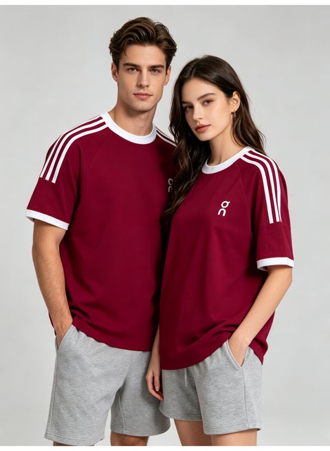 On Running Unisex Burgundy Raglan 3 White Stripe White Trim Couple T-Shirt