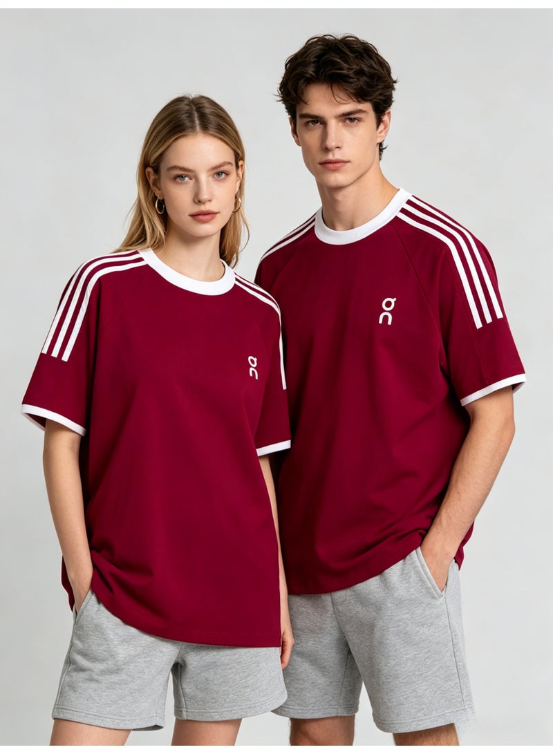 اون راننج On Running Unisex Burgundy Raglan 3 White Stripe White Trim Couple T-Shirt - Image 5