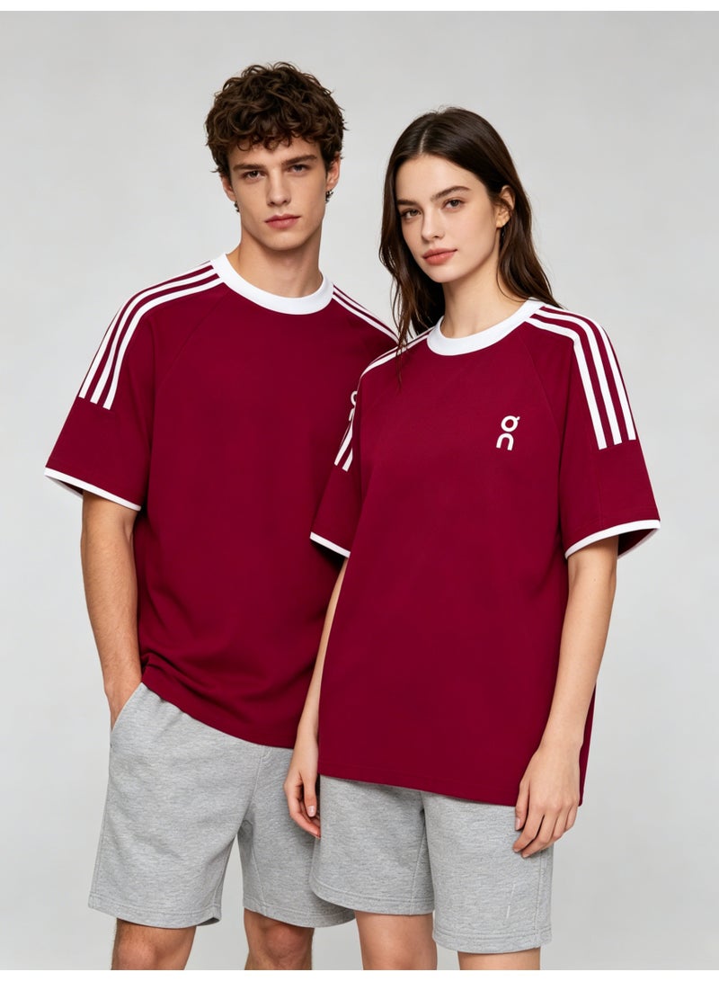 اون راننج On Running Unisex Burgundy Raglan 3 White Stripe White Trim Couple T-Shirt - Image 2