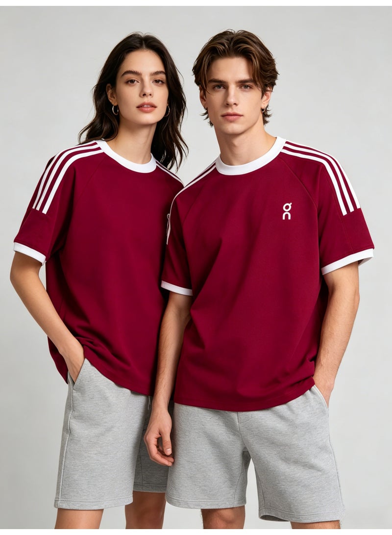 اون راننج On Running Unisex Burgundy Raglan 3 White Stripe White Trim Couple T-Shirt - Image 4