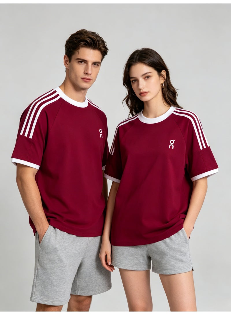 اون راننج On Running Unisex Burgundy Raglan 3 White Stripe White Trim Couple T-Shirt - Image 3