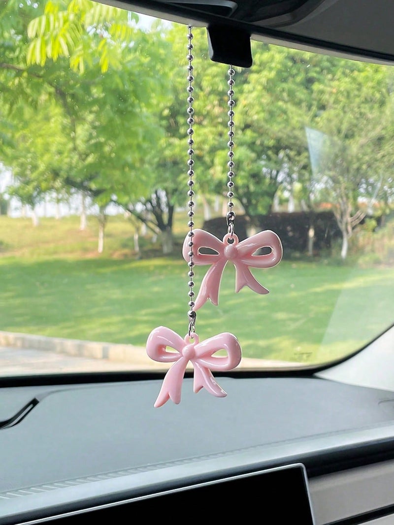 Car Hanging Decoration with Double Pink Bow Design – Elegant Rearview Mirror Charm - Image 1