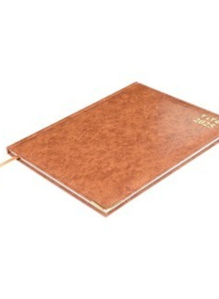 FIS 2025 Executive Diary, Vinyl Materials, 1 Side Padded and Sewn Cover, Golden Corners, Size 210x260mm, English/French/Arabic, 70gsm White Paper, Brown Color-FSDI35AE25BR