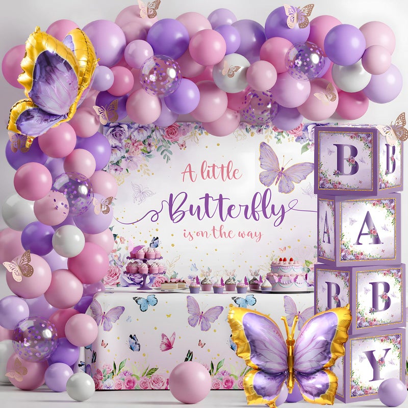 FengRise Butterfly Baby Shower Decorations for Girl Pink and Purple Balloon Arch Kit with Baby Boxes A Little Butterfly Is On The Way Backdrop Tablecloth for Girl Birthday Baby Shower Decor 118 Pcs - Image 3