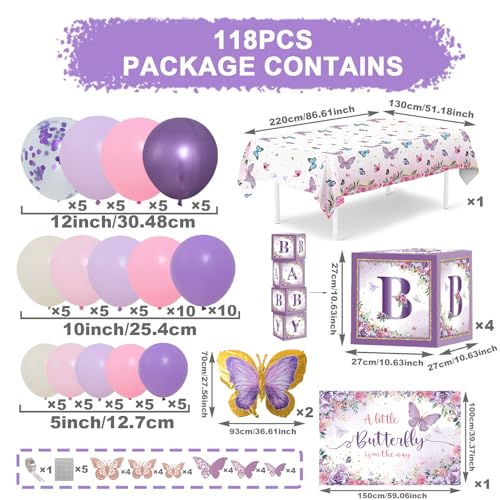 FengRise Butterfly Baby Shower Decorations for Girl Pink and Purple Balloon Arch Kit with Baby Boxes A Little Butterfly Is On The Way Backdrop Tablecloth for Girl Birthday Baby Shower Decor 118 Pcs - Image 5