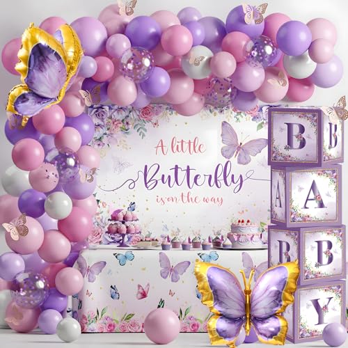 FengRise Butterfly Baby Shower Decorations for Girl Pink and Purple Balloon Arch Kit with Baby Boxes A Little Butterfly Is On The Way Backdrop Tablecloth for Girl Birthday Baby Shower Decor 118 Pcs - Image 1