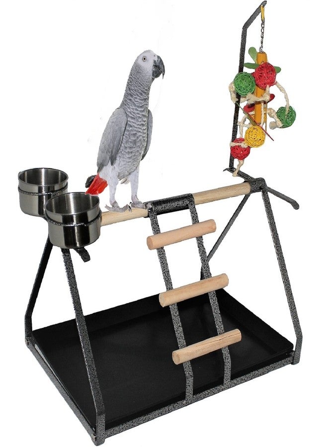 FDC Parrot Bird Perch Table Top Stand Metal Wood 2 Steel Cups Play for Medium and Large Breeds 17.5" x 12.5" x 11" - Image 1