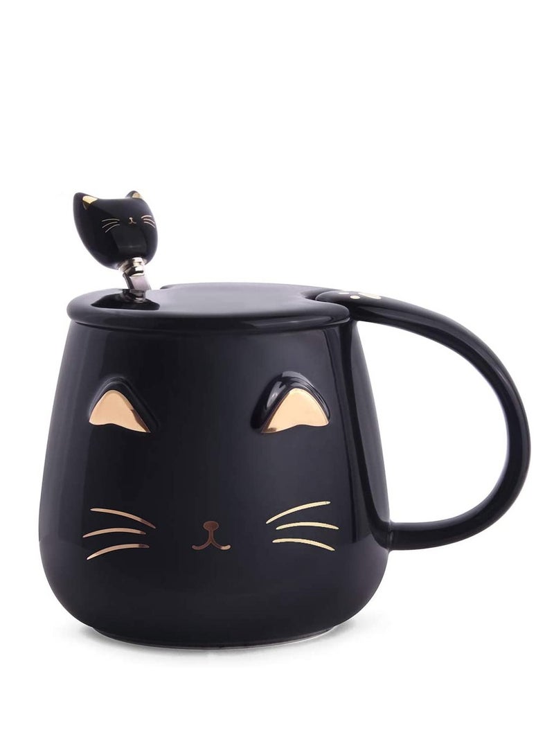 Excefore Black Cat Mug, Cute Kitty Ceramic Coffee Mug with Stainless Steel Spoon, Novelty Coffee Mug Cup for Cat Lovers Women Girls  - Image 1