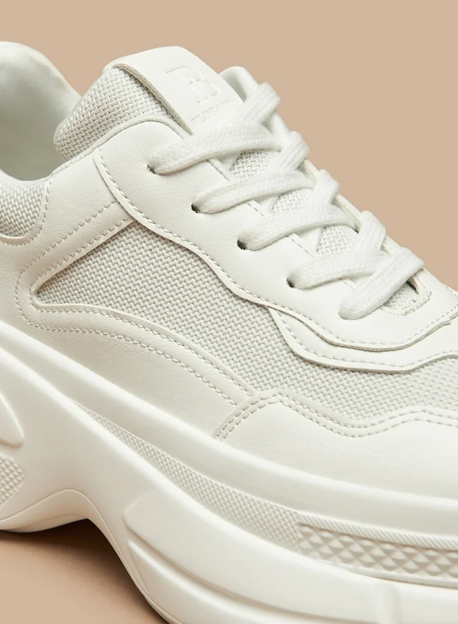 Flora Bella By Shoexpress Women's Panelled Chunky Sneakers with Lace-Up Closure