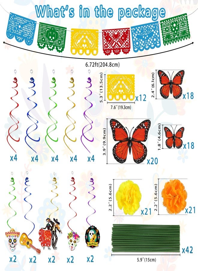 Freesdai 140PCS Dia De Los Muertos Decorations Set: Day of the Dead Decor Papel Picado Marigold Butterfly Hanging Swirls for Ofrenda Altar - Image 4
