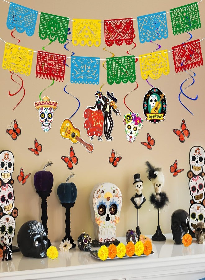 Freesdai 140PCS Dia De Los Muertos Decorations Set: Day of the Dead Decor Papel Picado Marigold Butterfly Hanging Swirls for Ofrenda Altar - Image 3