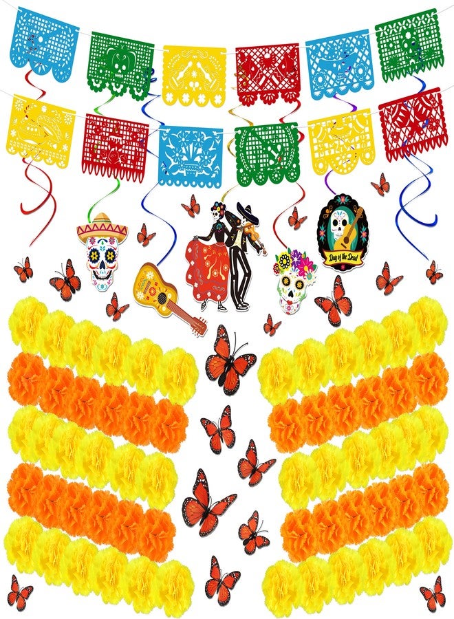 Freesdai 140PCS Dia De Los Muertos Decorations Set: Day of the Dead Decor Papel Picado Marigold Butterfly Hanging Swirls for Ofrenda Altar - Image 1