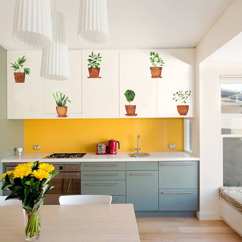 Maydahui 6 Sheets Freshness Green Plant Potted Wall Decals Plant Wall Stickers for Living Room Classroom Decor - Image 5