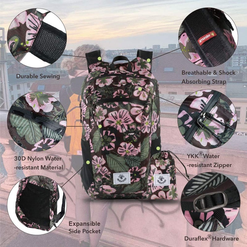 4Monster Hiking Daypack,Water Resistant Lightweight Packable Backpack For Travel Camping Outdoor (Flower Pink, 24L) - Image 2