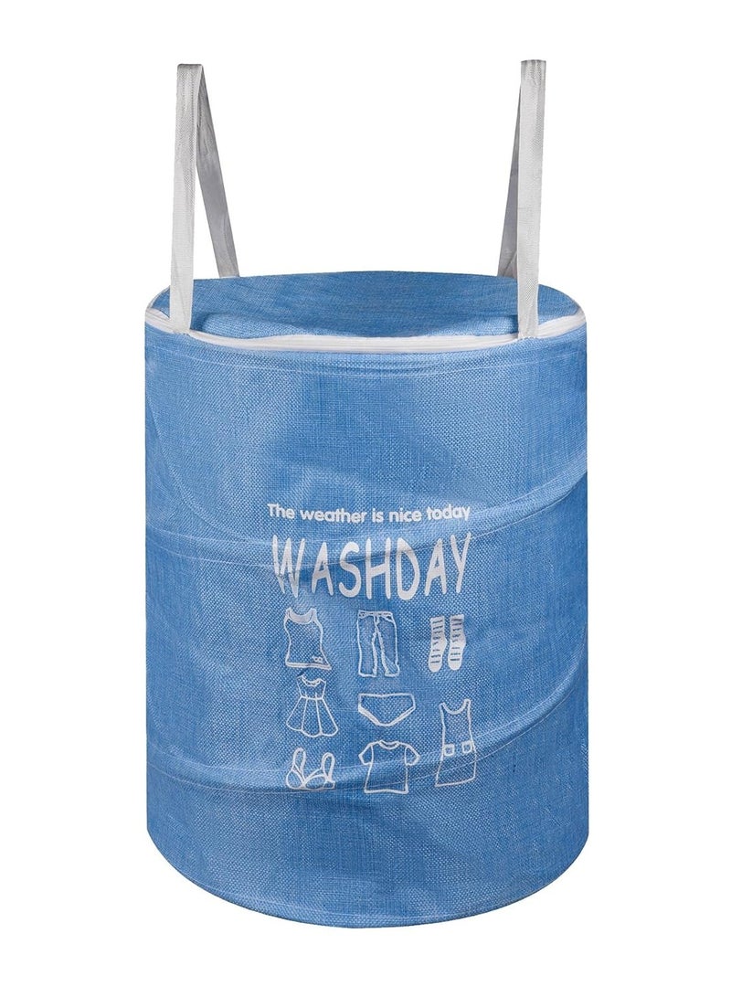 Plan A 45L Round Canvas Laundry Hamper, Foldable Waterproof Storage Basket with Rustproof Plastic Zipper Lid, Ideal for Clothes, Toys, Space Organization (Blue) - Image 1