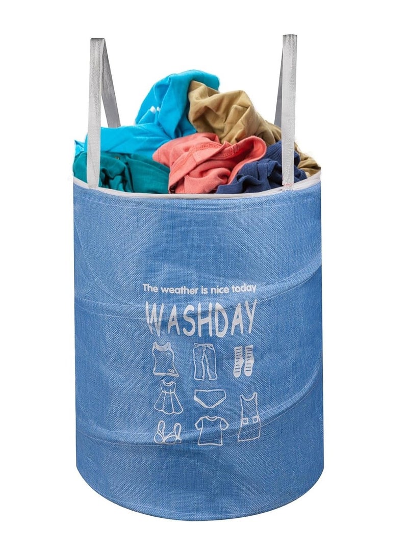Plan A 45L Round Canvas Laundry Hamper, Foldable Waterproof Storage Basket with Rustproof Plastic Zipper Lid, Ideal for Clothes, Toys, Space Organization (Blue) - Image 2