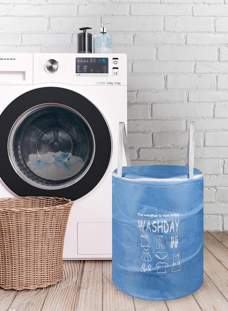 Plan A 45L Round Canvas Laundry Hamper, Foldable Waterproof Storage Basket with Rustproof Plastic Zipper Lid, Ideal for Clothes, Toys, Space Organization (Blue) - Image 3