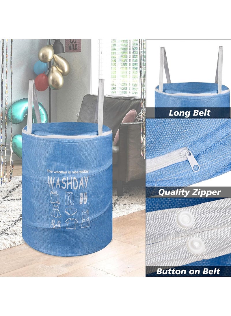 Plan A 45L Round Canvas Laundry Hamper, Foldable Waterproof Storage Basket with Rustproof Plastic Zipper Lid, Ideal for Clothes, Toys, Space Organization (Blue) - Image 4