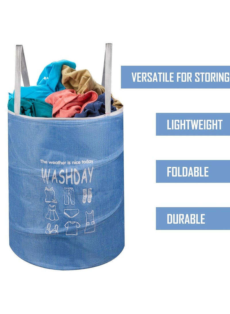 Plan A 45L Round Canvas Laundry Hamper, Foldable Waterproof Storage Basket with Rustproof Plastic Zipper Lid, Ideal for Clothes, Toys, Space Organization (Blue) - Image 5