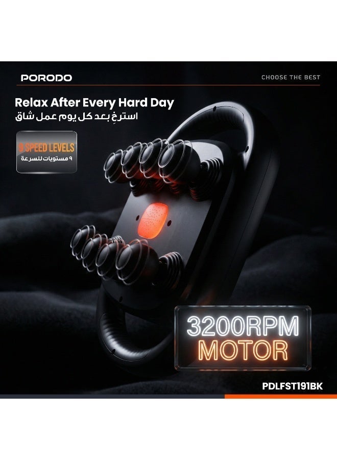 porodo Power Pulse 8 Head Massage Gun with Red Light Therapy & 9 Speed Levels / Deep Muscle Relief / 2H Working Time / 3200 RPM Motor Speed / Time Massage Sessions - Black - Image 3