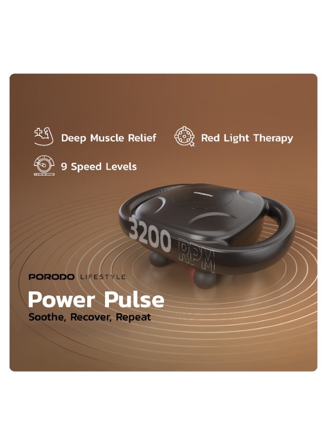 porodo Power Pulse 8 Head Massage Gun with Red Light Therapy & 9 Speed Levels / Deep Muscle Relief / 2H Working Time / 3200 RPM Motor Speed / Time Massage Sessions - Black - Image 5