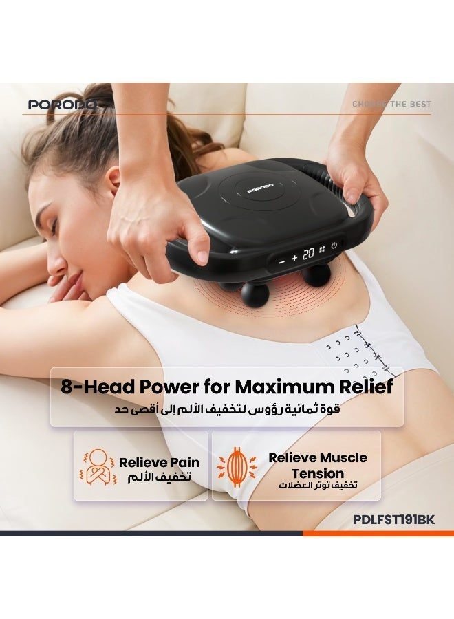 porodo Power Pulse 8 Head Massage Gun with Red Light Therapy & 9 Speed Levels / Deep Muscle Relief / 2H Working Time / 3200 RPM Motor Speed / Time Massage Sessions - Black - Image 4