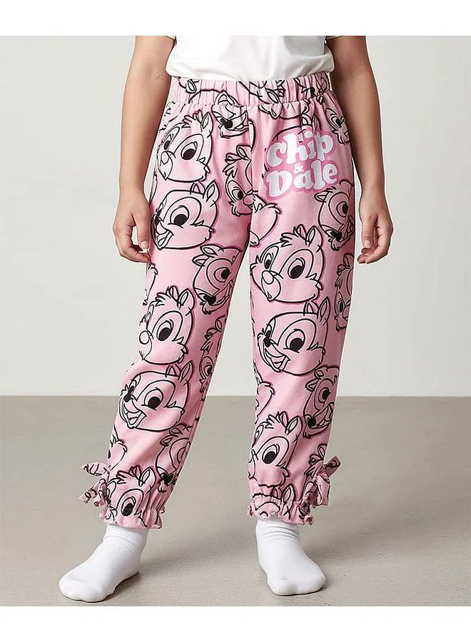 Babyhug Disney Babyhug Disney Terry Knit Full Length Lounge Pants with Chip n Dale Graphics & Bow Applique - Pink