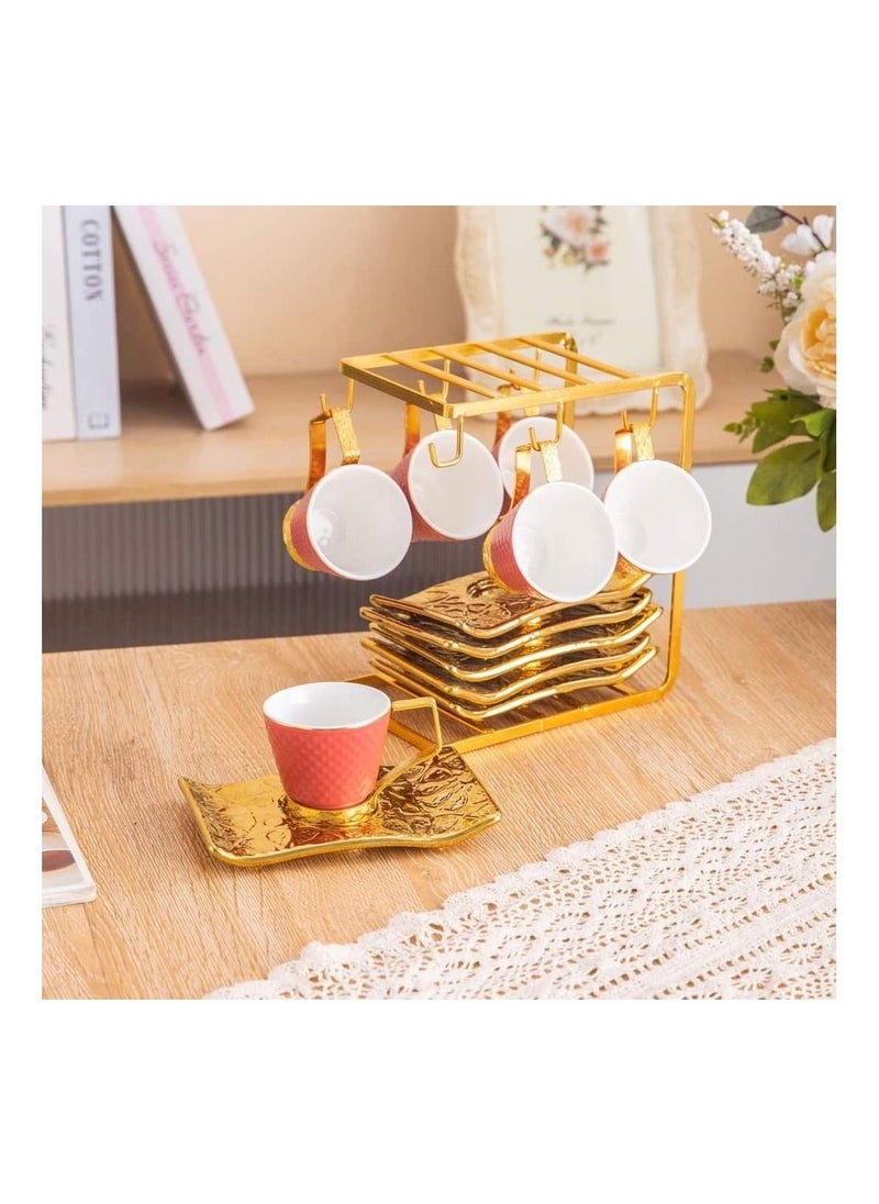 MARBLE Coffee set with saucer, 13 pcs, on a red metal stand, 022800047  - Image 1