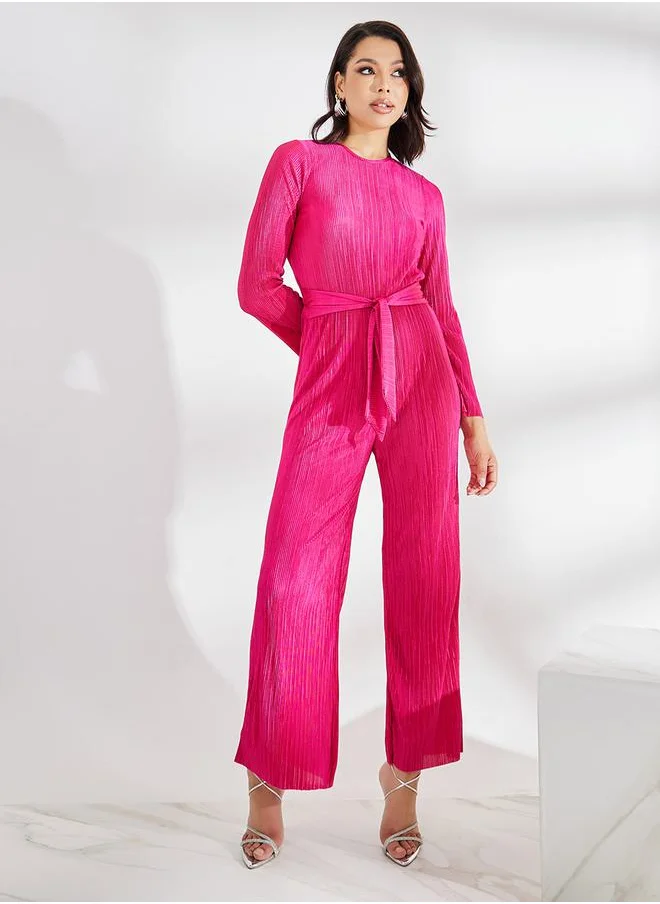 ستايلي Wide Leg Plisse Jumpsuit with Tie Waist