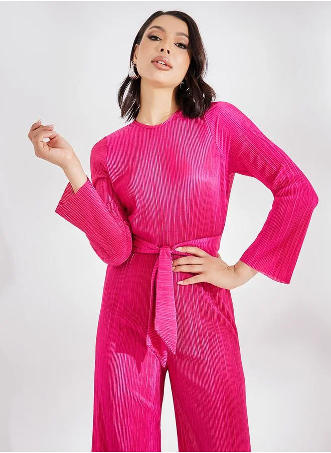 ستايلي Wide Leg Plisse Jumpsuit with Tie Waist