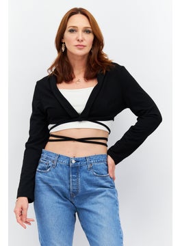 Women Regular Fit Solid Long Sleeves Crop Blazer, Black