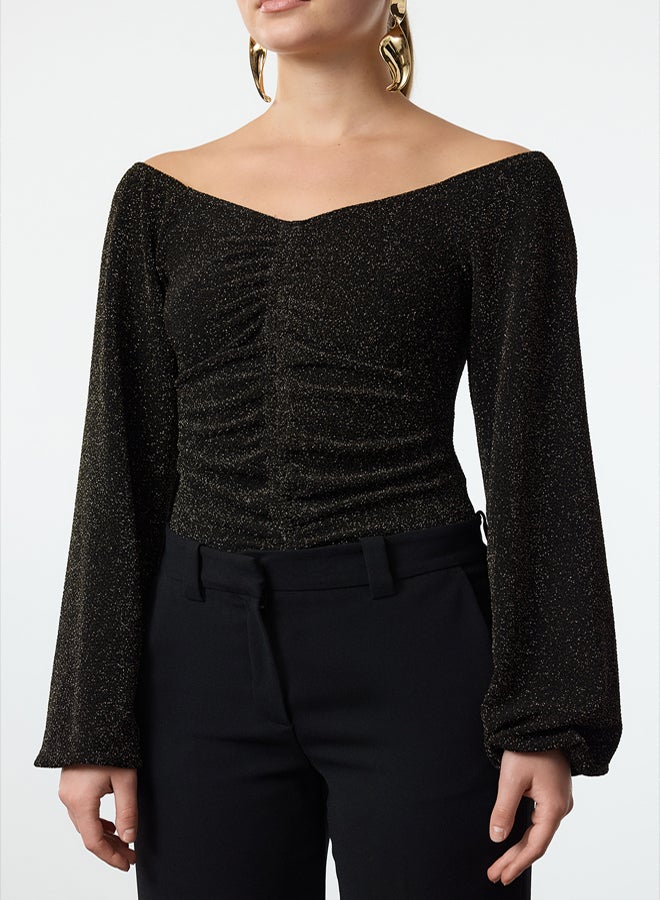 trendyol Gold Carmen Collar Sparkly Snap-Front Glittery Knitted Bodysuit TPRAW24BD00016 - Image 4