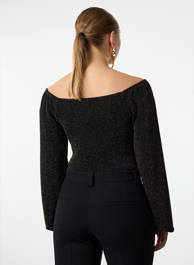 trendyol Gold Carmen Collar Sparkly Snap-Front Glittery Knitted Bodysuit TPRAW24BD00016 - Image 5